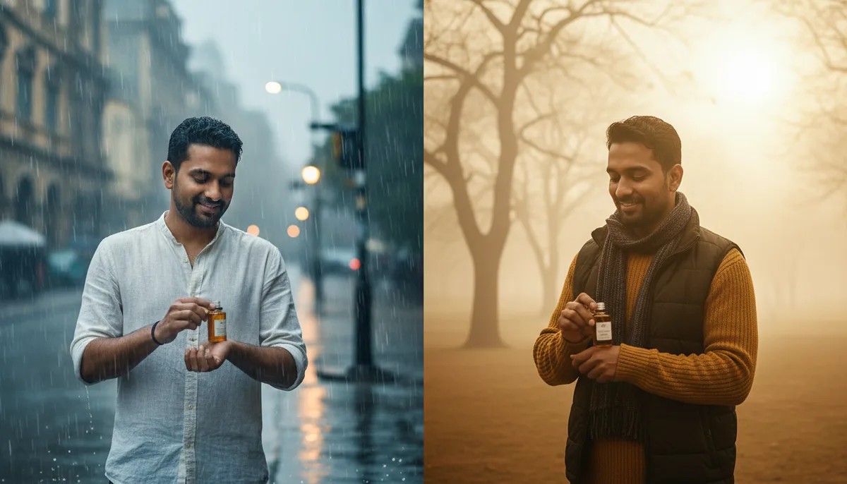 Split scene contrasting humid monsoon and dry winter conditions for perfume oil application in India