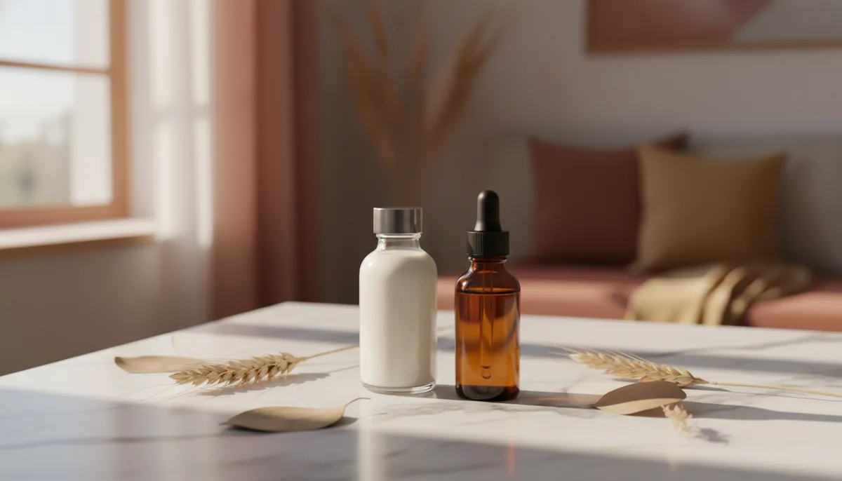 Unscented moisturiser and a dark amber perfume oil bottle on a marble surface in winter morning light
