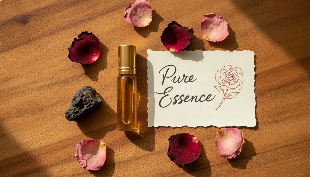 Flat lay of perfume oil gift with handwritten note and oud resin on wooden surface