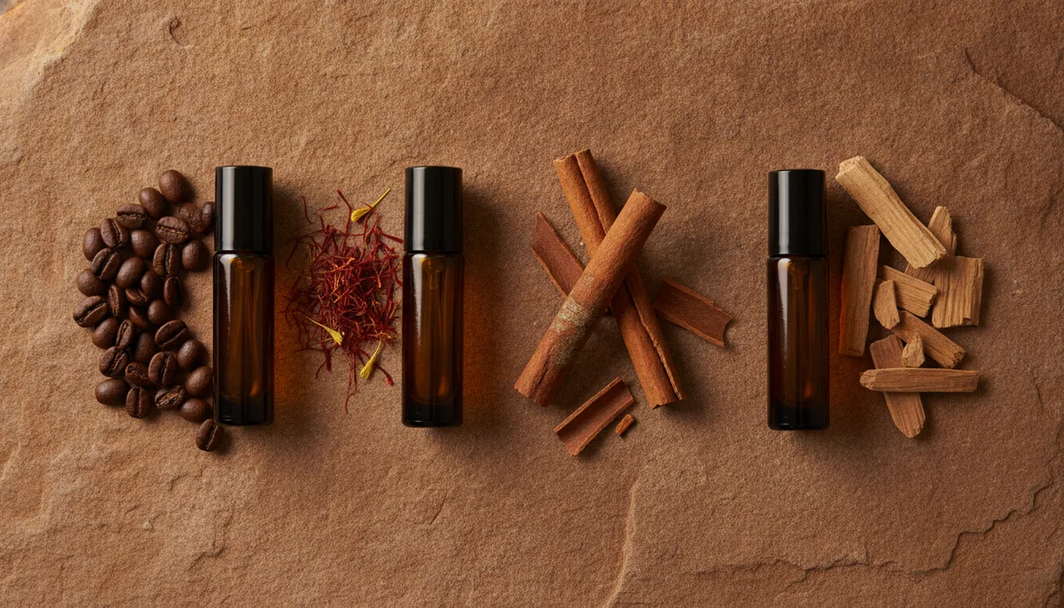 Four perfume oil vials surrounded by fragrance ingredients including coffee beans and saffron