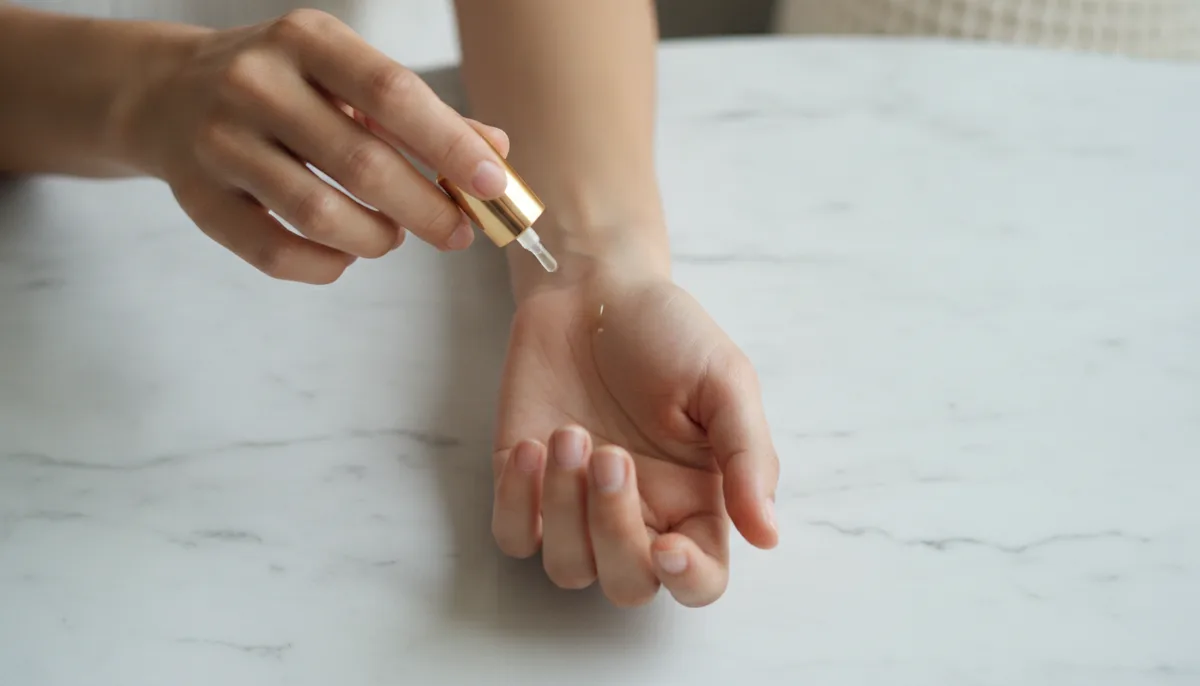 Hands applying concentrated perfume oil to wrist on clean marble surface