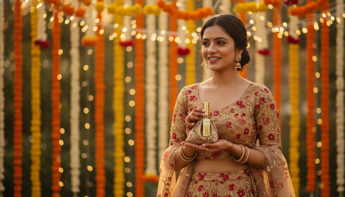 Indian woman at festive occasion holding a small perfume oil gift pouch with warm lights behind her