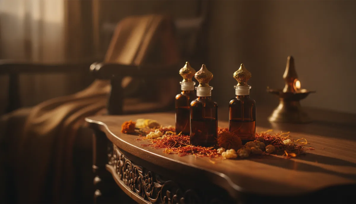 Amber attar bottles with saffron and resin on wooden surface in warm evening light