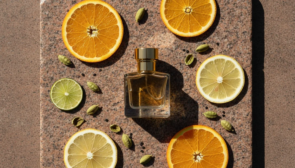 Citrus perfume oil bottle with cardamom and orange slices in bright summer sunlight