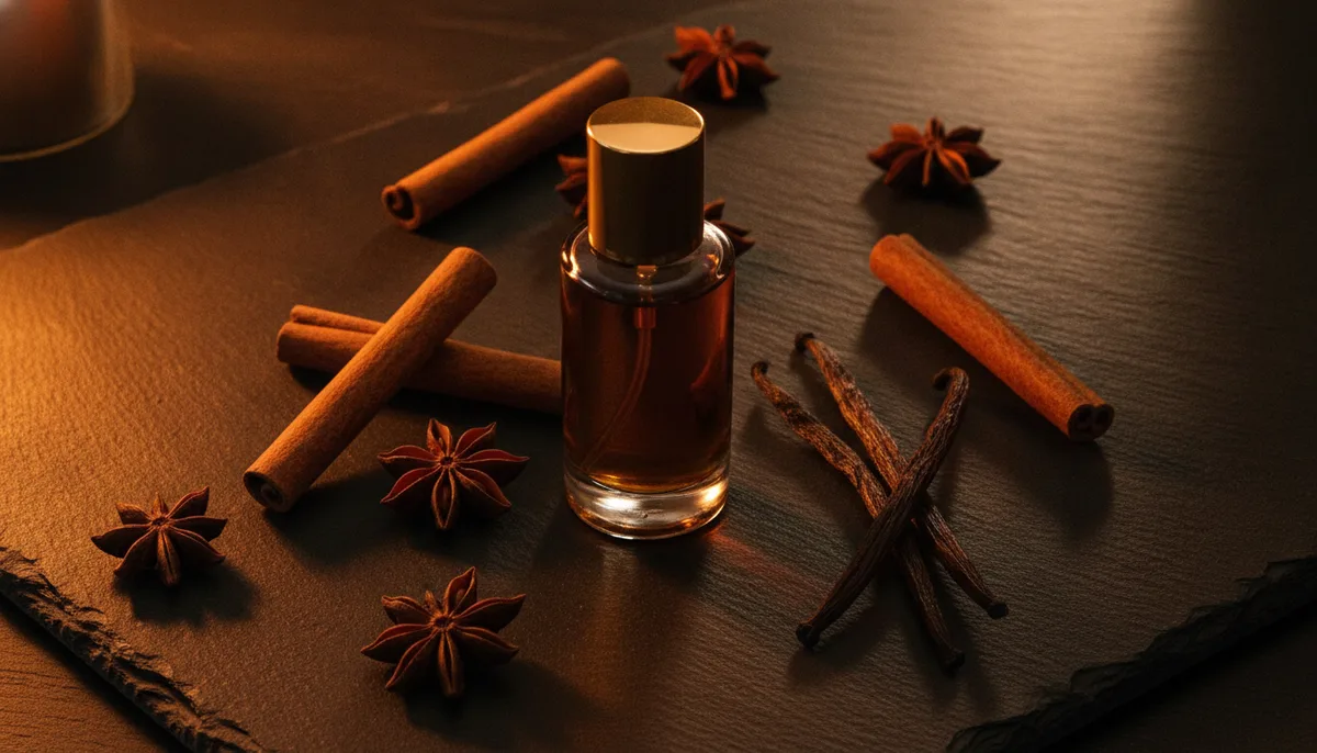 Dark perfume oil bottle with winter spices and candlelight on slate surface