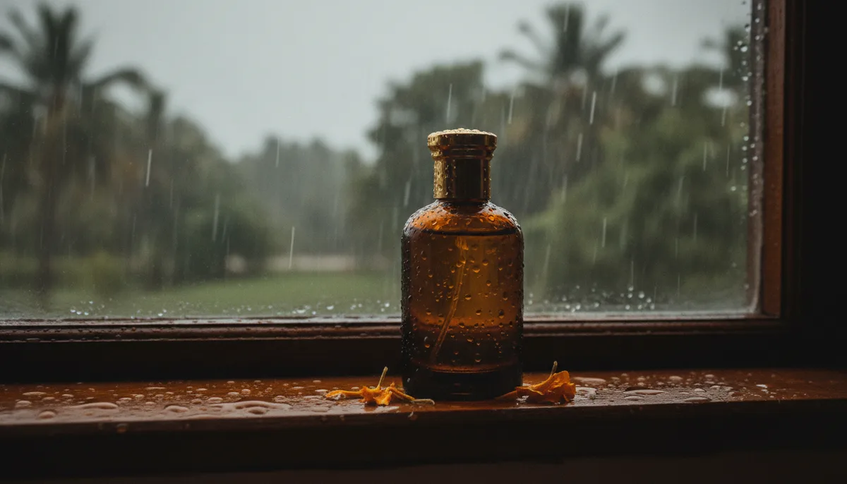 Perfume oil bottle on a rainy windowsill during Indian monsoon season