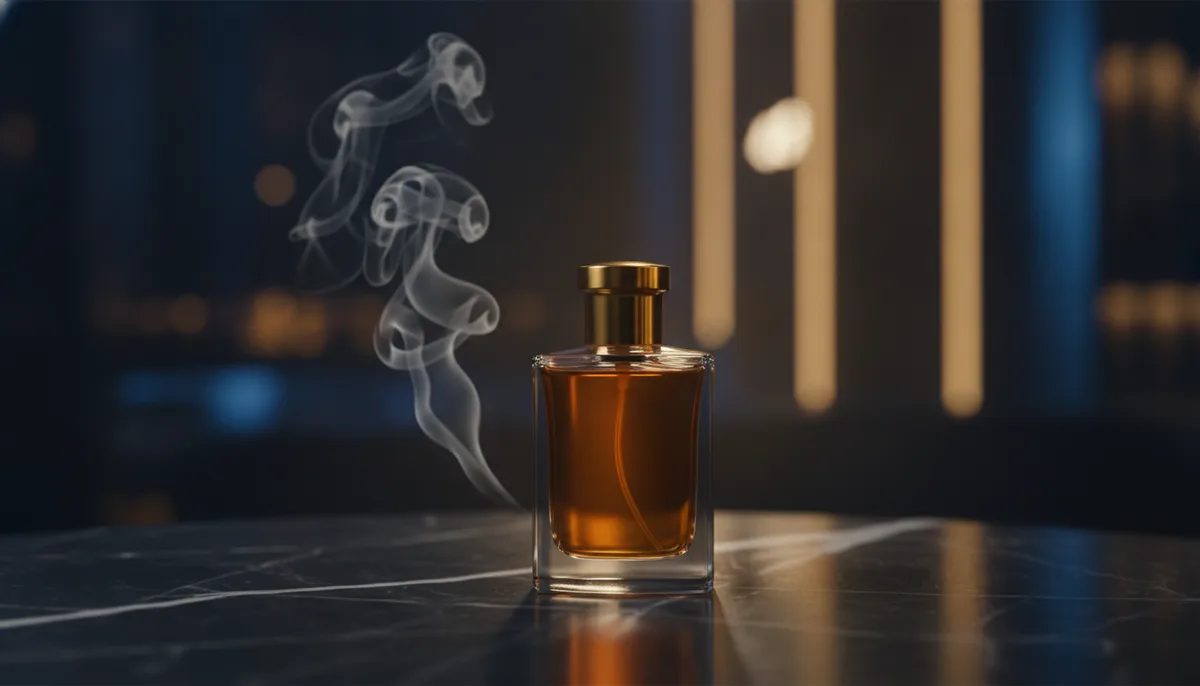 Amber oud perfume bottle on dark marble with moody evening lighting and smoke