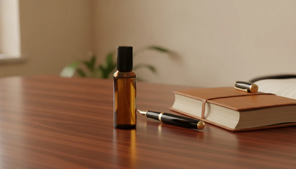 Dark glass perfume oil bottle on a minimalist office desk with leather notebook