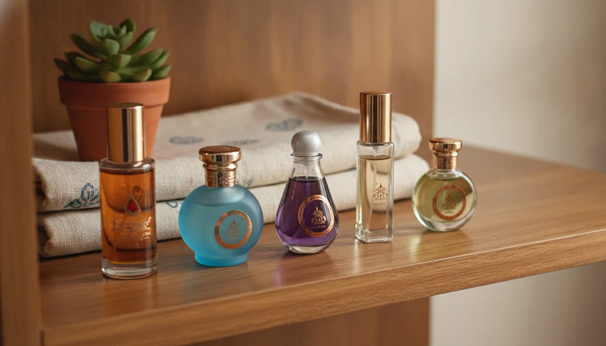 Five perfume oil bottles arranged in a row on a wooden shelf representing a fragrance rotation