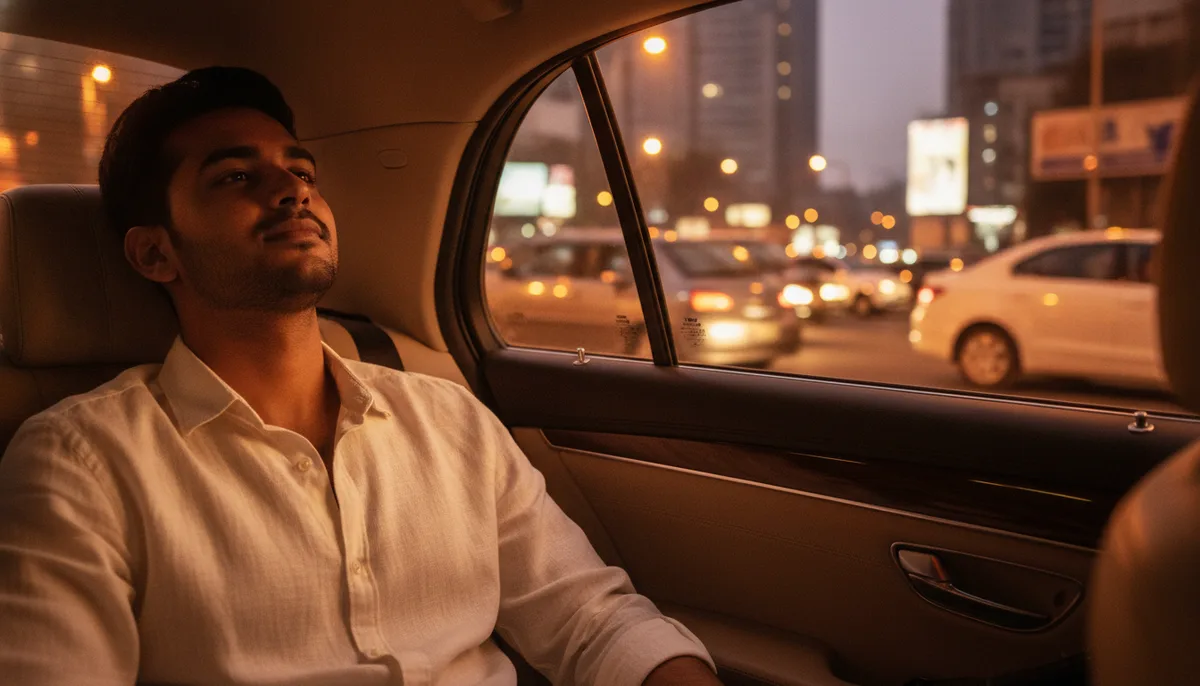 Young Indian man relaxing in a car during evening commute in city traffic