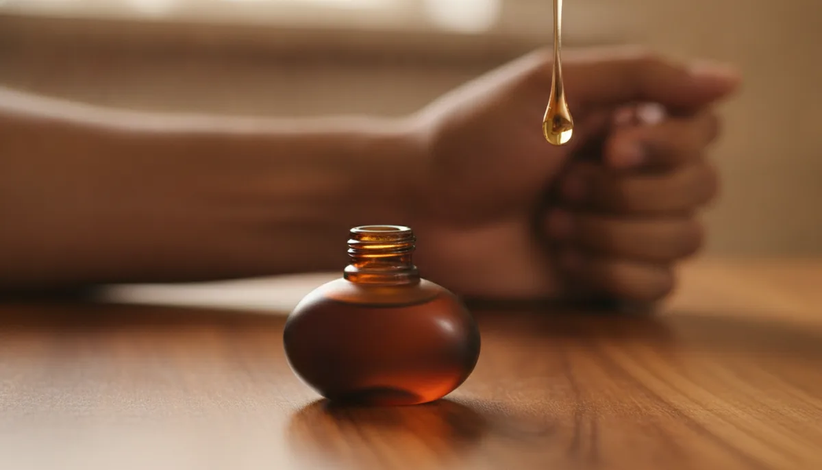 Concentrated perfume oil bottle with a drop applied to a wrist in warm natural light