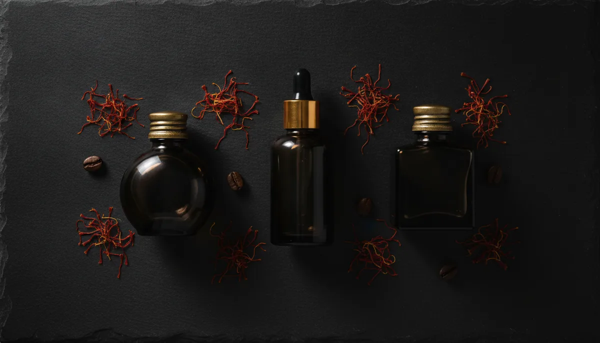 Dark glass attar bottles arranged with saffron strands and coffee beans on black stone
