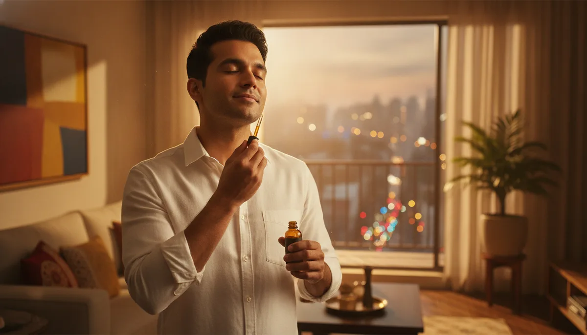 Man in white shirt applying perfume oil to his neck in a warmly lit apartment
