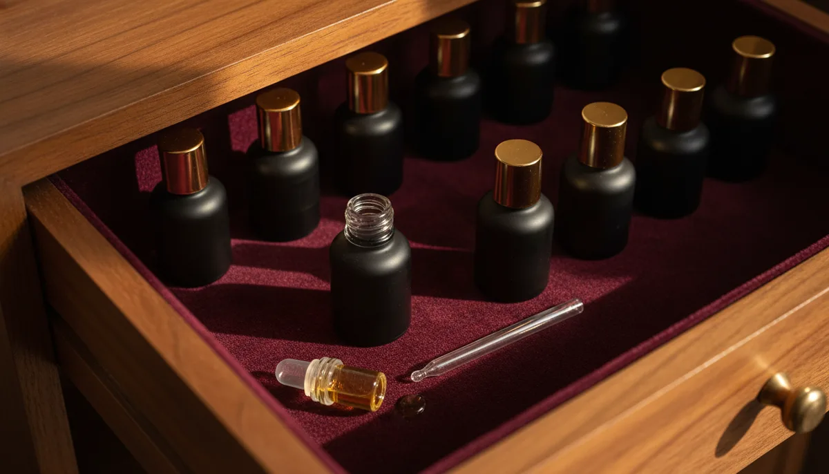Perfume oil bottles stored correctly in a dark wooden drawer with a glass dropper