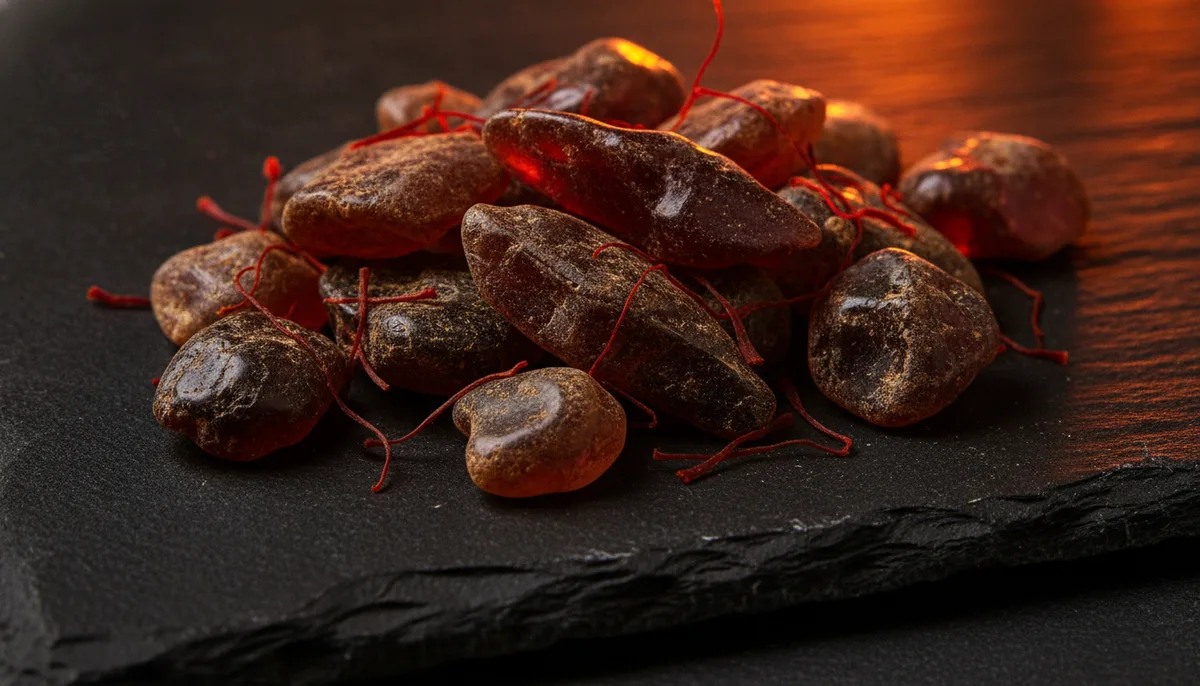 Dark oud resin chips and saffron strands on black slate with warm candlelight