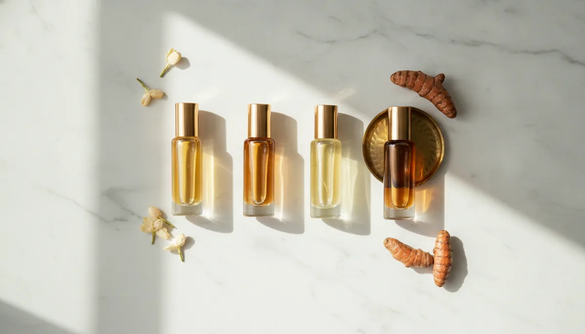 Four perfume oil roller bottles in a row on marble surface in soft daylight