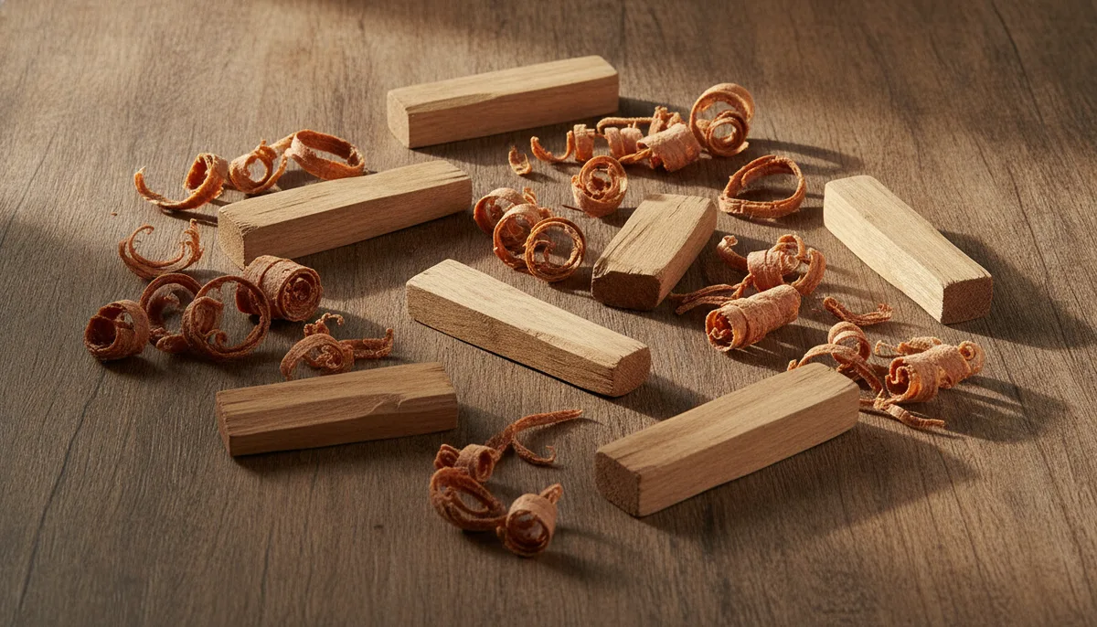 Sandalwood pieces and cedar shavings on a rustic wooden table in natural light