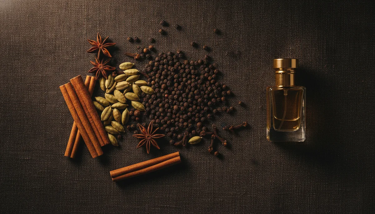 Whole spices including black pepper, cardamom, and cinnamon arranged with a perfume oil bottle