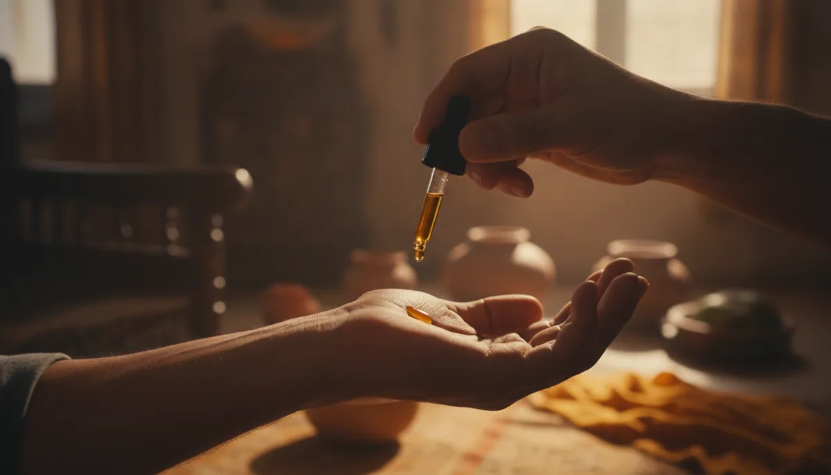 Man applying a drop of oud perfume oil to his wrist in a warm Indian home setting