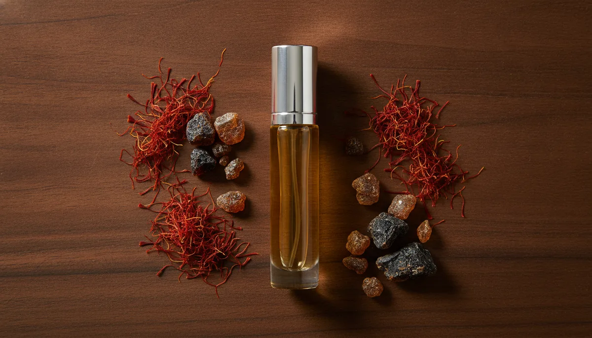 Modern concentrated oud perfume oil bottle surrounded by saffron and dark resin on wood