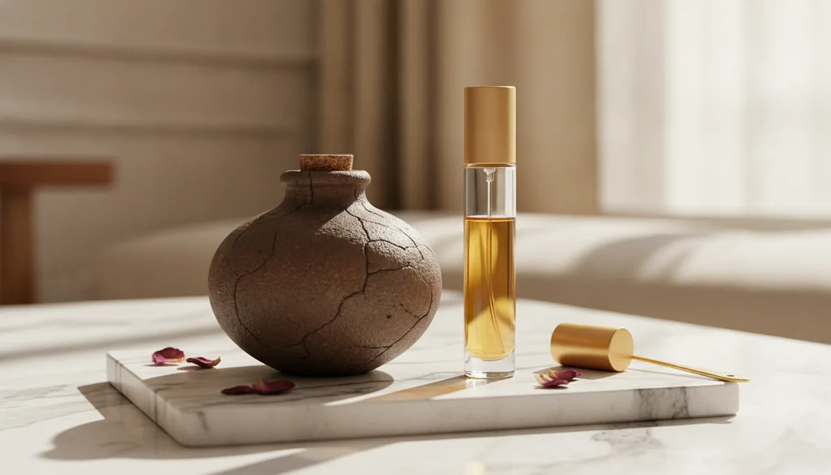 Traditional attar vessel and modern perfume oil vial side by side on marble surface