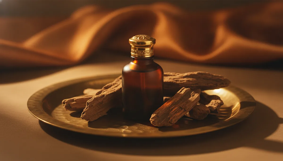 Traditional oud attar bottle resting on raw agarwood chips on a brass tray