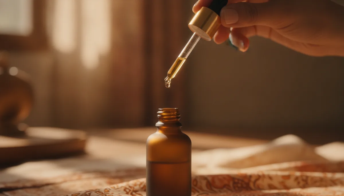 Hand holding a concentrated perfume oil dropper bottle with a drop of amber oil falling