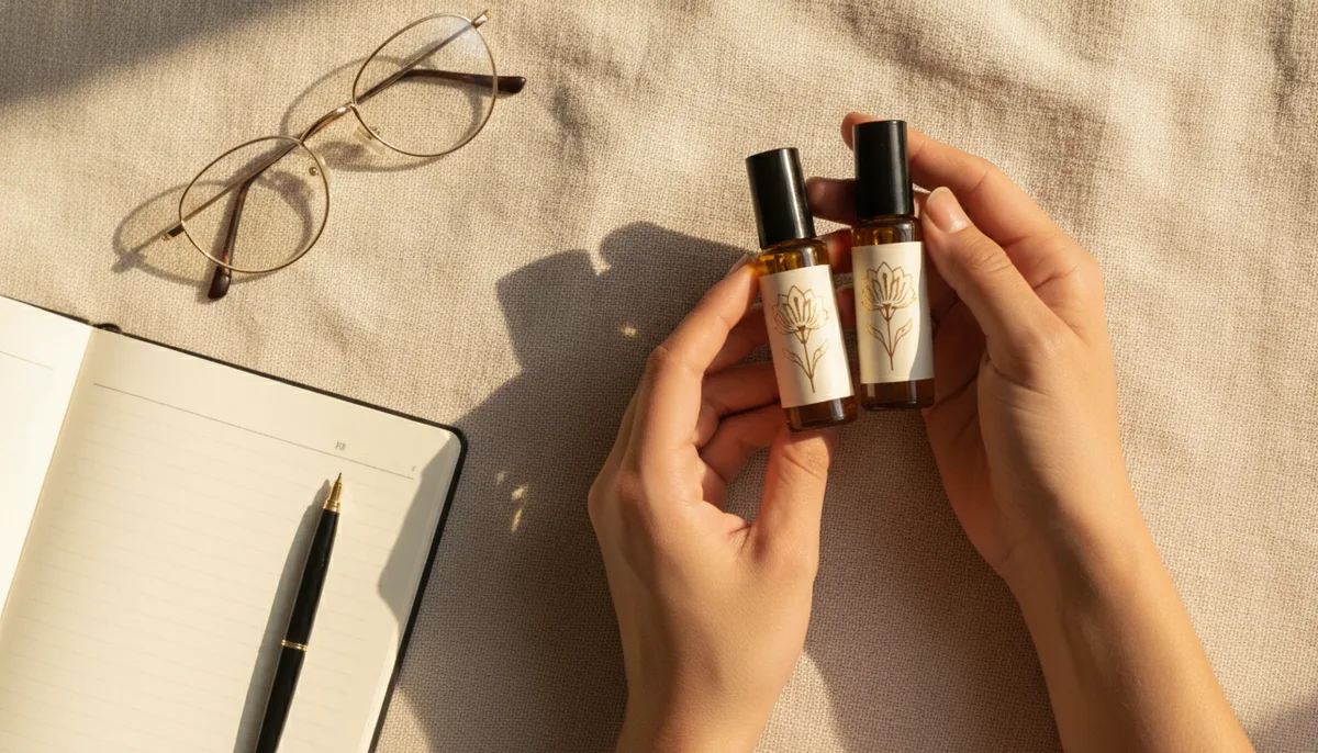 Hands comparing two perfume oil bottle labels side by side on a linen surface