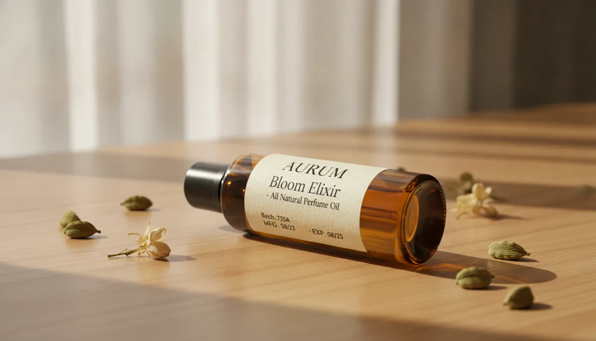Perfume oil bottle label in focus showing batch code and manufacturing date on wooden surface