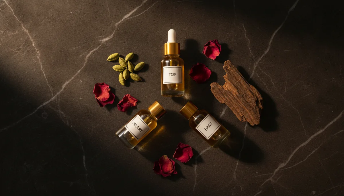 Three perfume oil vials representing top heart and base fragrance notes on dark marble
