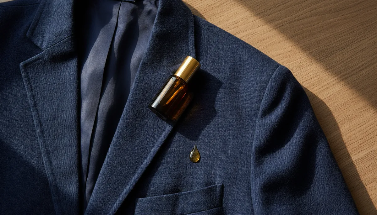 Dark blazer with perfume oil bottle resting near inner collar for fabric application