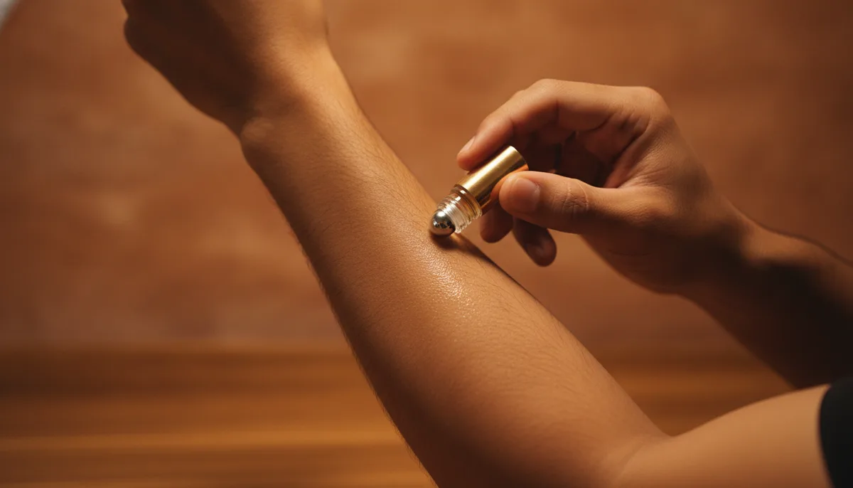 Man applying concentrated perfume oil to inner elbow pulse point with a small roller bottle