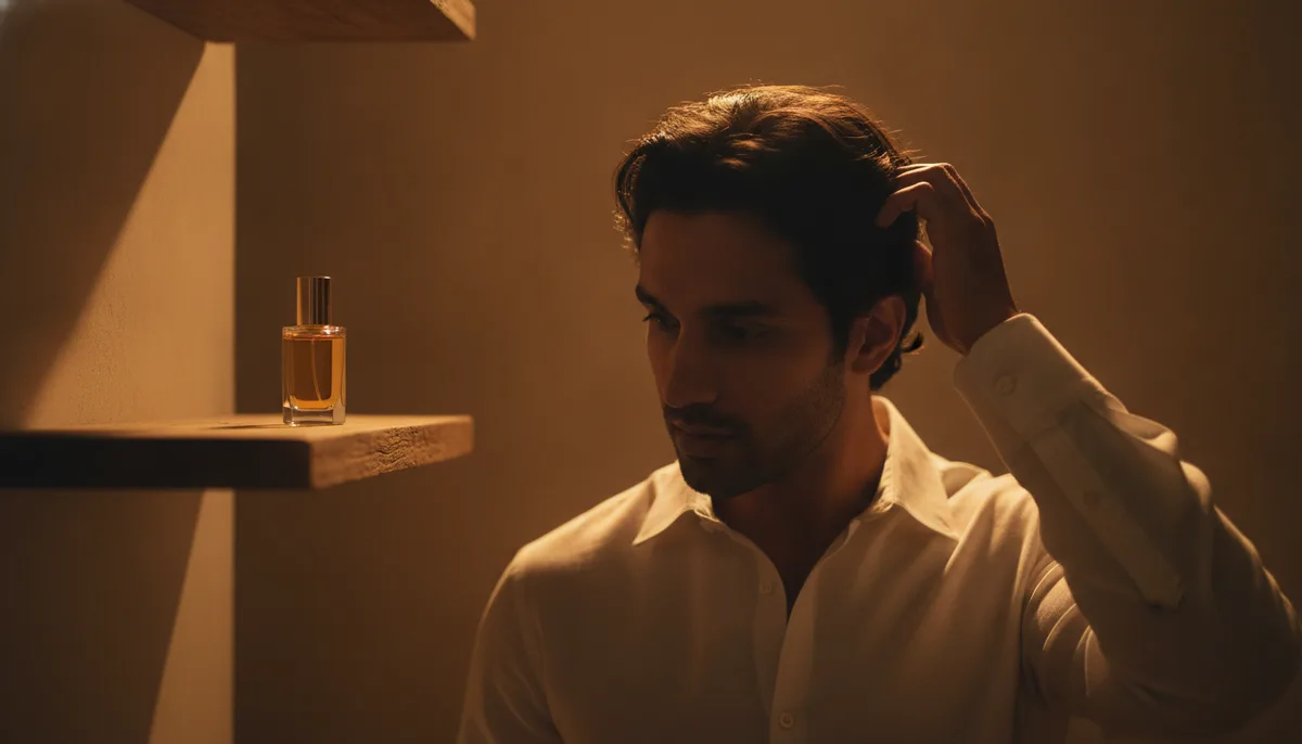 Man applying perfume oil to hair ends in warm-lit room with glass oil vial in background