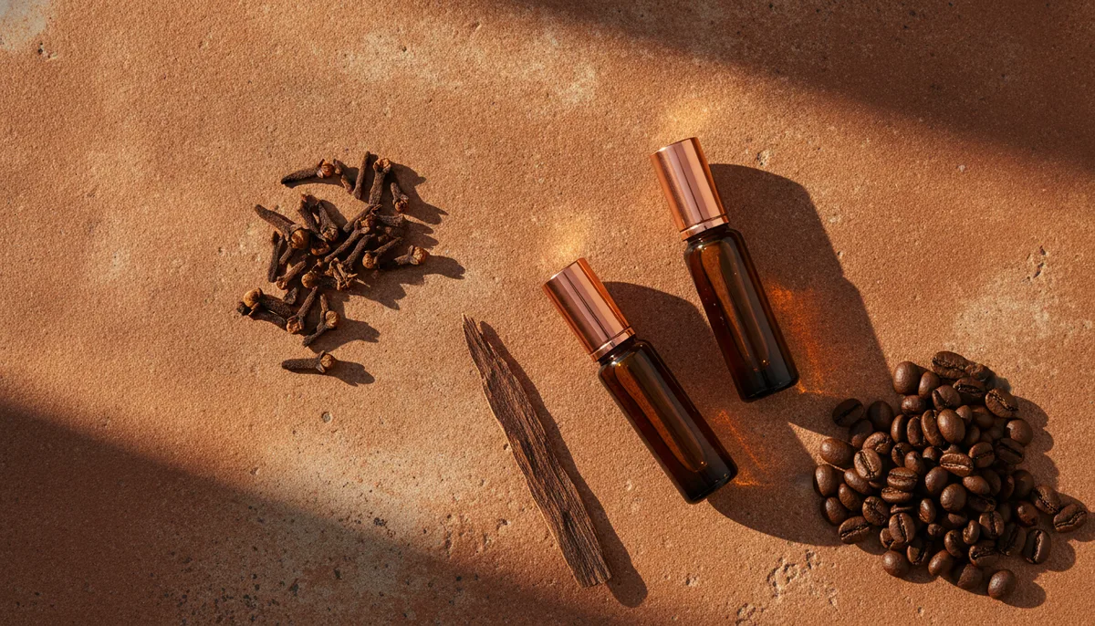 Two perfume oil bottles arranged with spices and oud wood for a fragrance layering flat lay